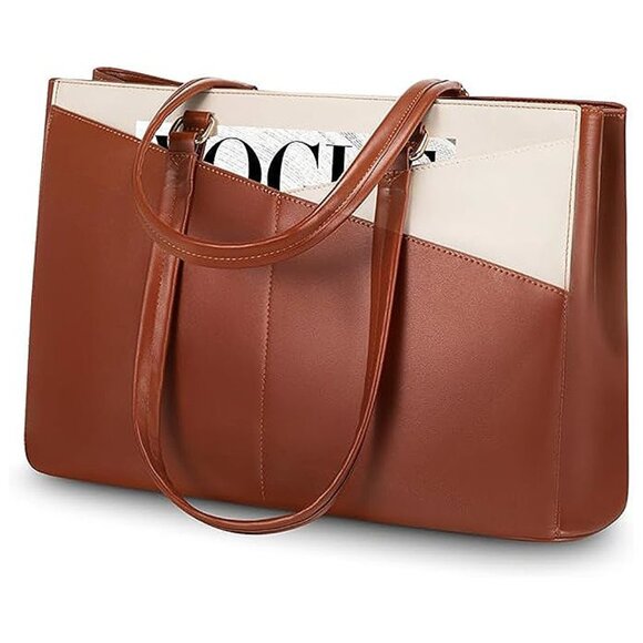 Handbags - Laptop Bag for Women 15.6 Inch Tote Bags Waterproof Leather Brown-white